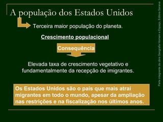 ParteintegrantedaobraGeografiaHomemeEspaço,EditoraSaraiva
A população dos Estados Unidos
Elevada taxa de crescimento vegetativo e
fundamentalmente da recepção de imigrantes.
Terceira maior população do planeta.
Crescimento populacional
Consequência
Os Estados Unidos são o país que mais atrai
migrantes em todo o mundo, apesar da ampliação
nas restrições e na fiscalização nos últimos anos.
 