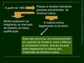 ParteintegrantedaobraGeografiaHomemeEspaço,EditoraSaraiva
Esse fato provocou um endurecimento
do controle da fronteira, entre o México
e os Estados Unidos, através da qual
entra ilegalmente a maioria dos
imigrantes da América Latina.
A partir de 1980
Passou a receber sobretudo
pessoas provenientes da
América Latina.
A maioria entrou
ilegalmente no território.
Muitos acabaram se
integrando ao mercado
de trabalho de baixa
qualificação.
 