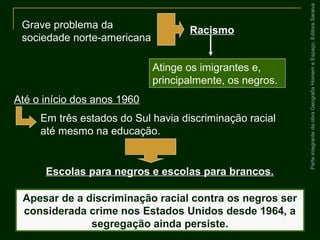 ParteintegrantedaobraGeografiaHomemeEspaço,EditoraSaraiva
Escolas para negros e escolas para brancos.
Apesar de a discriminação racial contra os negros ser
considerada crime nos Estados Unidos desde 1964, a
segregação ainda persiste.
Grave problema da
sociedade norte-americana
Racismo
Atinge os imigrantes e,
principalmente, os negros.
Até o início dos anos 1960
Em três estados do Sul havia discriminação racial
até mesmo na educação.
 
