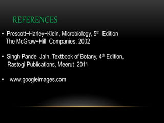 REFERENCES
• Prescott−Harley−Klein, Microbiology, 5th Edition
The McGraw−Hill Companies, 2002
• Singh Pande Jain, Textbook of Botany, 4th Edition,
Rastogi Publications, Meerut 2011
• www.googleimages.com
 