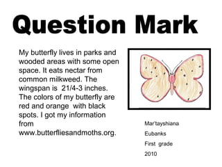 Mar’tayshiana
Eubanks
First grade
2010
My butterfly lives in parks and
wooded areas with some open
space. It eats nectar from
common milkweed. The
wingspan is 21/4-3 inches.
The colors of my butterfly are
red and orange with black
spots. I got my information
from
www.butterfliesandmoths.org.
 
