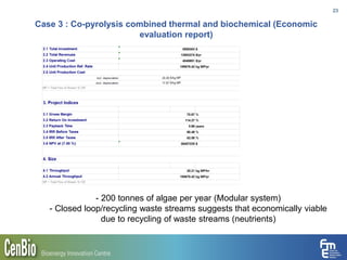 Case 3 : Co-pyrolysis combined thermal and biochemical (Economic
evaluation report)
23
- 200 tonnes of algae per year (Modular system)
- Closed loop/recycling waste streams suggests that economically viable
due to recycling of waste streams (neutrients)
 