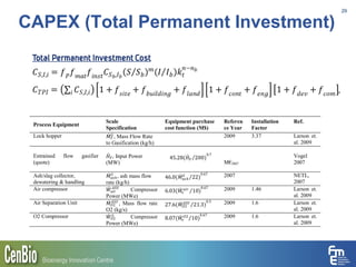 CAPEX (Total Permanent Investment)
29
Process Equipment
Scale
Specification
Equipment purchase
cost function (M$)
Referen
ce Year
Installation
Factor
Ref.
Lock hopper 𝑀𝐹
𝐺
, Mass Flow Rate
to Gasification (kg/h)
2009 3.37 Larson et.
al. 2009
Entrained flow gasifier
(quote)
𝐻 𝐹, Input Power
(MW)
45.28(𝐻𝐹 200)
0.7
M€2007
Vogel
2007
Ash/slag collector,
dewatering & handling
𝑀𝑎𝑠ℎ
𝐺
, ash mass flow
rate (kg/h)
46.0(𝑀𝑎𝑠ℎ
𝐺
22)
0.67 2007 NETL,
2007
Air compressor 𝑊𝑎𝑖𝑟
𝐴𝑆𝑈
Compressor
Power (MWe)
6.03(𝑊𝑒
𝑎𝑖𝑟
10)
0.67 2009 1.46 Larson et.
al. 2009
Air Separation Unit 𝑀 𝑂2
𝐴𝑆𝑈
, Mass flow rate
O2 (kg/s)
27.6(𝑀 𝑂2
𝐴𝑆𝑈
21.3)
0.5 2009 1.6 Larson et.
al. 2009
O2 Compressor 𝑊𝑂2
𝐺
Compressor
Power (MWe)
8.07(𝑊𝑒
𝑂2
10)
0.67 2009 1.6 Larson et.
al. 2009
 