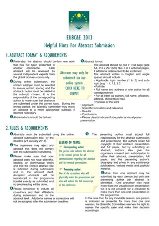 EUBC&E 2013
                               Helpful Hints For Abstract Submission
1. ABSTRACT FORMAT & REQUIREMENTS
  Preferably,   the abstract should contain new work            Abstract format:
    that has not been presented in                                             The abstract should be one (1) full page (size
    another     conference.       Each                                         A4, 210 x 297 mm) plus 1 to 3 optional pages,
    abstract will be reviewed by
    several independent experts from         Abstracts may only be             if additional details need to be explained.
                                                                               The abstract written in English and single
    the global biomass community.              submitted via our               spaced should include:
  During    online submission, the
                                                  online system
                                                                               • Applicable topic number (1 to 5) and sub-
                                                                               topic (e.g. 1.1, 1.2, 1.3)
    correct subtopic must be selected
                                                                               • Full title
    to ensure correct scoring and the            CLICK HERE TO                 • Full name and address of one author for all
    abstract content must be related to
    the subtopic chosen. It is the                   SUBMIT                    correspondence
                                                                               • For all other co-authors, full name, affiliation,
    responsibility of the corresponding
                                                                               address, phone/fax/e-mail
    author to make sure that abstracts
                                                                               • Purpose of the work
    are submitted under the correct topic. During the
                                                                 • Approach
    review period, the scientific committee may move
                                                                 • Scientific innovation and relevance
    an abstract to a more appropriate subtopic if
                                                                 • Results
    deemed necessary.
                                                                 • Conclusions
  Abbreviations should be defined.                              • Please clearly indicate if you prefer a visual/poster
                                                                 presentation


2. RULES & REQUIREMENTS
  Abstracts   must be submitted using the online                           The    presenting author must accept full
    abstract submission tool, by the                                                 responsibility for the abstract submission
    deadline (21 January 2013).                                                      and presentation. The authors retain full
                                            LEGEND OF TERMS:
  The    organisers may reject any
                                             Corresponding author:
                                                                                     copyright of their abstract, presentation
                                                                                     and full paper, but by submitting an
    abstract that does not comply
    with the submission instructions.       The person who submits the abstract      abstract,    authors    also     give  the
                                                                                     organisers consent and authorisation to
  Please    make sure that your
                                            is the contact person for all            utilise their abstract, presentation, full
    abstract does not have scientific,      communication regarding the abstract     paper, and the presenting author’s
    spelling, or grammatical errors         and its eventual presentation.           biography and photo in any conference
    and that the correct abstract title                                              publications, various media and publicity
    is indicated during submission           Presenting author:                     material.
    and in the abstract itself.
    Accepted abstracts will be
                                            One of the co-authors who will           More     than one abstract may be
    reproduced in the programme             physically make the presentation and    submitted by each person but only one
                                                                                    presenting author per abstract is
    booklet exactly as submitted and        who will submit the full manuscript     permitted. One presenter may have
    no proofreading will be done.           at the conference.                      more than one visual/poster presentation
  Please   remember to include all                                                 but it is not possible for a presenter to
    co-authors and their affiliations                                               make more than one oral presentation in
    during submission and in the                                                    the programme.
    abstract itself. Additional names or corrections will             In the case that, for any inevitable reason, one person
    not be accepted after the submission deadline.                    is indicated as presenter for more than one oral
                                                                      session, the Scientific Committee reserves the right to
                                                                      assess the specific case and make their decision
                                                                      accordingly.
 