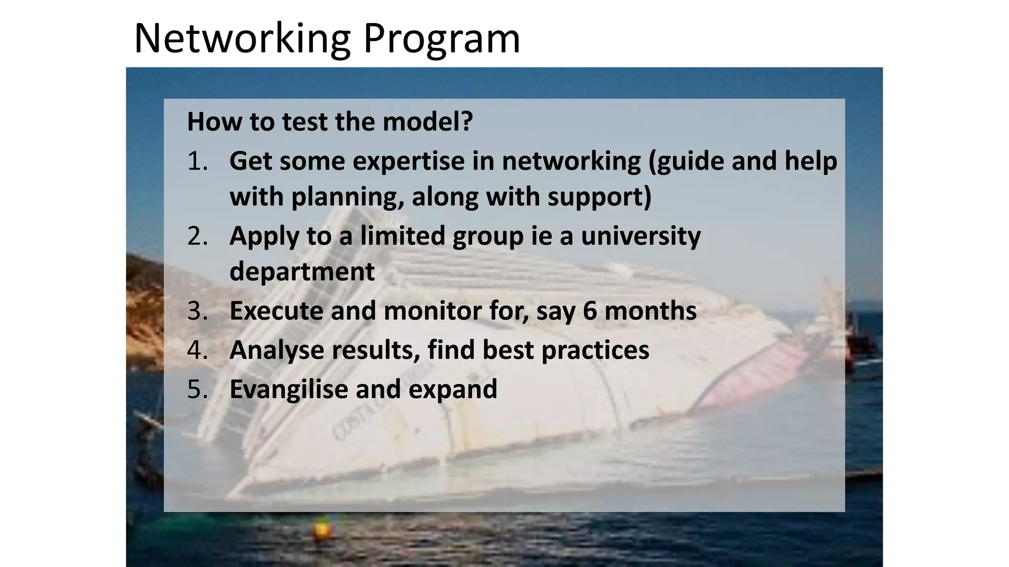 Networking 
Program 
How 
to 
test 
the 
model? 
1. Get 
some 
expertise 
in 
networking 
(guide 
and 
help 
with 
planning, 
along 
with 
support) 
2. Apply 
to 
a 
limited 
group 
ie 
a 
university 
department 
3. Execute 
and 
monitor 
for, 
say 
6 
months 
4. Analyse 
results, 
find 
best 
practices 
5. Evangilise 
and 
expand 
! 
 
