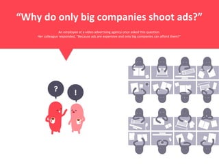 “Why do only big companies shoot ads?”
An employee at a video advertising agency once asked this question.
Her colleague responded, “Because ads are expensive and only big companies can afford them?”
 
