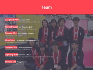 Team
Junghwa Park Founder, CEO
Former Commercial Advertising Planner for 8 years
Mark Brazeal Co-Founder, CMO
Former CSV and HR Analyst at CJ Corporation
Suhyun Kim Co-Founder, Designer
Background in animation
Kirin Sinn Co-Founder, Videographer
Former freelance video director
Dukwoo Kim Head Programmer
Former Web App and iOS Developer
Jayoung Kim Financial Advisor
Former Ewha Women’s University Product Design Research Institute
Sehyun Oh Programmer
Former Web and Server Developer
 