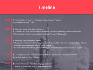 2013
2014
2015
2016
2017
Timeline
9 Launched Video Editing App, Hooreel
10 Secured Investment from Korean Angel Investor, Primer and US eCommerce Company, Sazze Partners
10 Awarded Best October App at Korea Mobile Awards
10 Awarded Best Solution Prize at Korean Ministry of Labor and Employment Social Venture Contest
3 Launched Mobile Advertising App, Pariro
6 Awarded CEO Prize at the 21st Korea Multimedia Technology Awards by Korea Economic Daily
10 Participated in Startup Nomad, Global Accelerator Program in Silicon Valley
3 Participated in Hyundai’s H-On_Dream Startup Incubator Program
12 Established as Indie CF Inc.
9 Awarded Grand Prize at Investment Bank of Korea’s ”Social Venture Recognition Contest”
11 Ad:Tech New York 2016 Exhibitor
2 Launched Automated Video Marketing App, Contenter,
featured on Korean App Store in “New Apps We Love”
 
