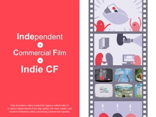 Independent
Commercial Film
Indie CF
They founded a video production agency called Indie CF
to work independently from big capital, the mass media, and
creative limitations while promoting Commercial Equality.
+
=
 