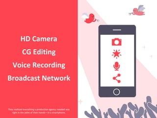 HD Camera
CG Editing
Voice Recording
Broadcast Network
They realized everything a production agency needed was
right in the palm of their hands—in a smartphone.
 