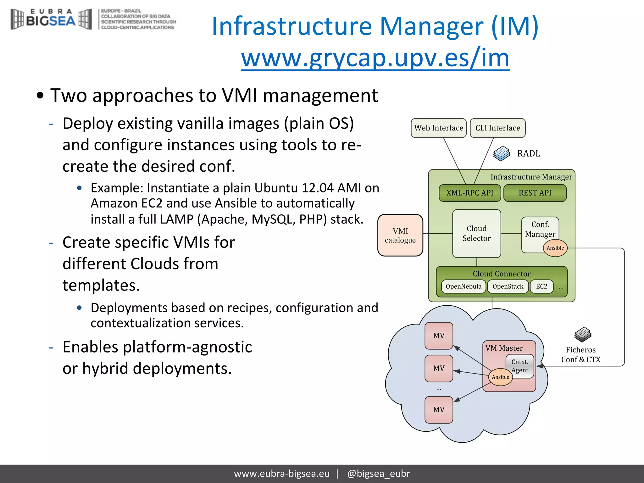 VMRC
Infrastructure	Manager
Cloud
Selector
VMRC
Cloud	Connector
Conf.
Manager
Ficheros	
Conf	&	CTX
XML-RPC	API REST	API
Web	Interface CLI	Interface
MV
MV
MV
...
RADL
VM	Master
Cntxt.
Agent
Ansible
OpenNebula OpenStack EC2 ...
Ansible
VMRC
...
Infrastructure Manager	(IM)
www.grycap.upv.es/im
www.eubra-bigsea.eu |			@bigsea_eubr
• Two	approaches	to	VMI	management
- Deploy	existing	vanilla	images	(plain	OS)	
and	configure	instances	using	tools	to	re-
create	the	desired	conf.
• Example:	Instantiate	a	plain	Ubuntu	12.04	AMI	on	
Amazon	EC2	and	use	Ansible to	automatically	
install	a	full	LAMP	(Apache,	MySQL,	PHP)	stack.
- Create	specific	VMIs	for	
different	Clouds	from	
templates.
• Deployments	based	on	recipes,	configuration	and	
contextualization	services.
- Enables	platform-agnostic	
or	hybrid	deployments.
VMI
catalogue
 