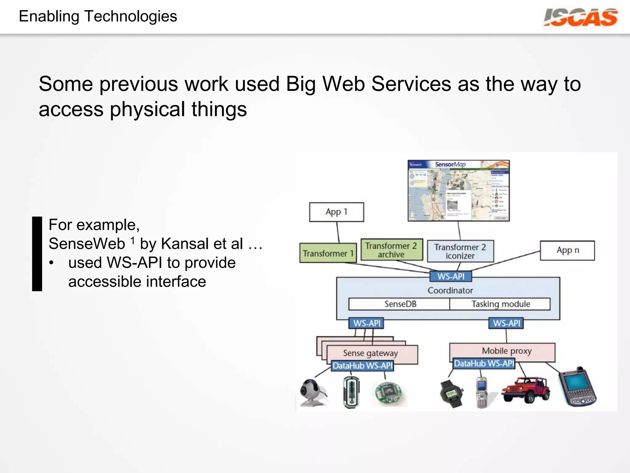 Enabling Technologies



  Some previous work used Big Web Services as the way to
  access physical things




   For example,
   SenseWeb 1 by Kansal et al …
   • used WS-API to provide
     accessible interface
 