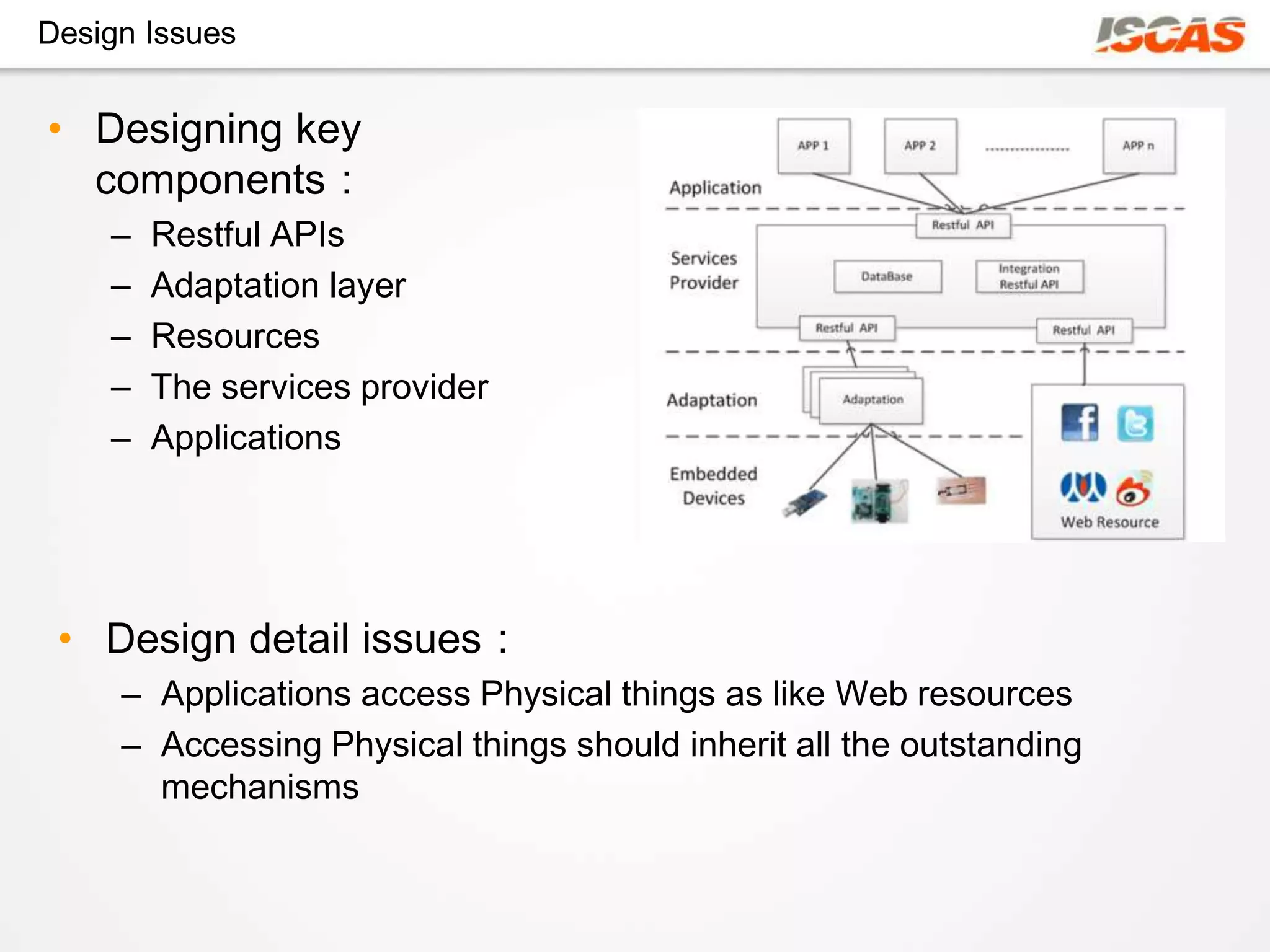 Design Issues


• Designing key
  components：
    –   Restful APIs
    –   Adaptation layer
    –   Resources
    –   The services provider
    –   Applications




 • Design detail issues：
     – Applications access Physical things as like Web resources
     – Accessing Physical things should inherit all the outstanding
       mechanisms
 
