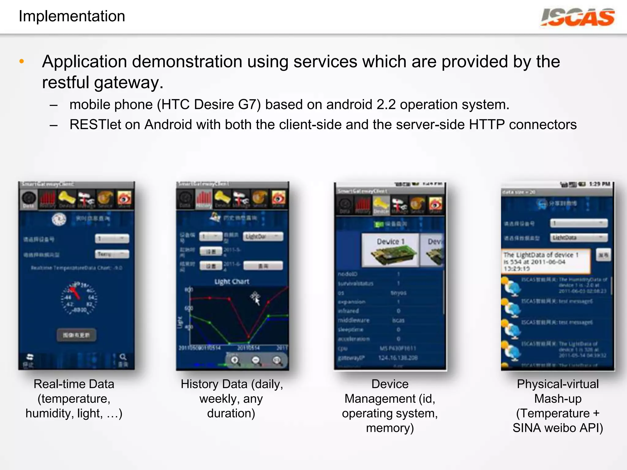 Implementation

• Application demonstration using services which are provided by the
  restful gateway.
    – mobile phone (HTC Desire G7) based on android 2.2 operation system.
    – RESTlet on Android with both the client-side and the server-side HTTP connectors




 Real-time Data         History Data (daily,          Device                Physical-virtual
  (temperature,            weekly, any           Management (id,              Mash-up
humidity, light, …)          duration)           operating system,         (Temperature +
                                                     memory)               SINA weibo API)
 