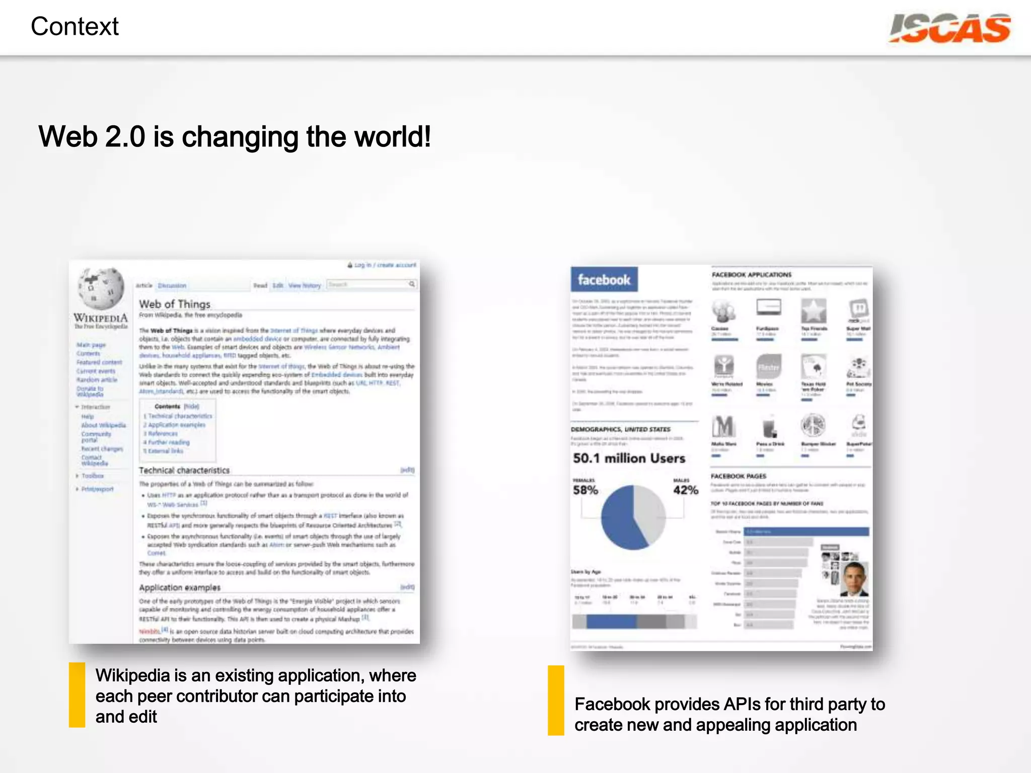 Context



Web 2.0 is changing the world!




     Wikipedia is an existing application, where
     each peer contributor can participate into    Facebook provides APIs for third party to
     and edit                                      create new and appealing application
 
