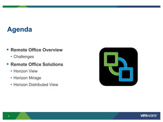 2
Agenda
 Remote Office Overview
• Challenges
 Remote Office Solutions
• Horizon View
• Horizon Mirage
• Horizon Distributed View
 