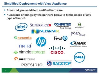 21
Simplified Deployment with View Appliance
 Pre-sized, pre-validated, certified hardware
 Numerous offerings by the partners below to fit the needs of any
type of branch
 