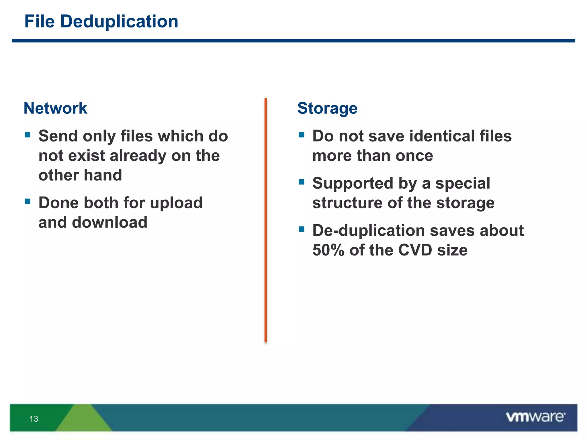 1313
File Deduplication
Network
 Send only files which do
not exist already on the
other hand
 Done both for upload
and download
Storage
 Do not save identical files
more than once
 Supported by a special
structure of the storage
 De-duplication saves about
50% of the CVD size
 