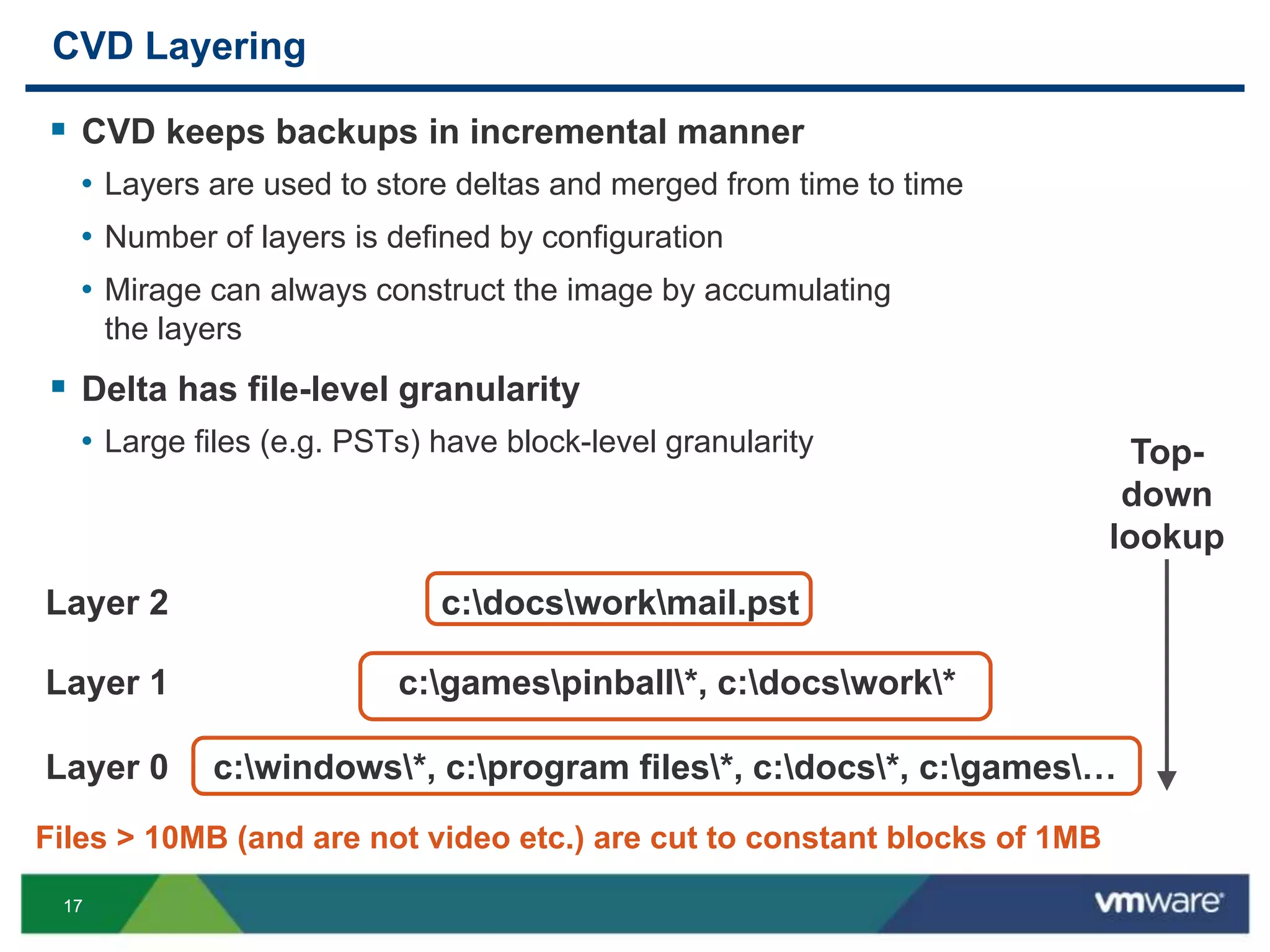 1717
CVD Layering
 CVD keeps backups in incremental manner
• Layers are used to store deltas and merged from time to time
• Number of layers is defined by configuration
• Mirage can always construct the image by accumulating
the layers
 Delta has file-level granularity
• Large files (e.g. PSTs) have block-level granularity
c:windows*, c:program files*, c:docs*, c:games…Layer 0
c:gamespinball*, c:docswork*Layer 1
c:docsworkmail.pstLayer 2
Top-
down
lookup
Files > 10MB (and are not video etc.) are cut to constant blocks of 1MB
 