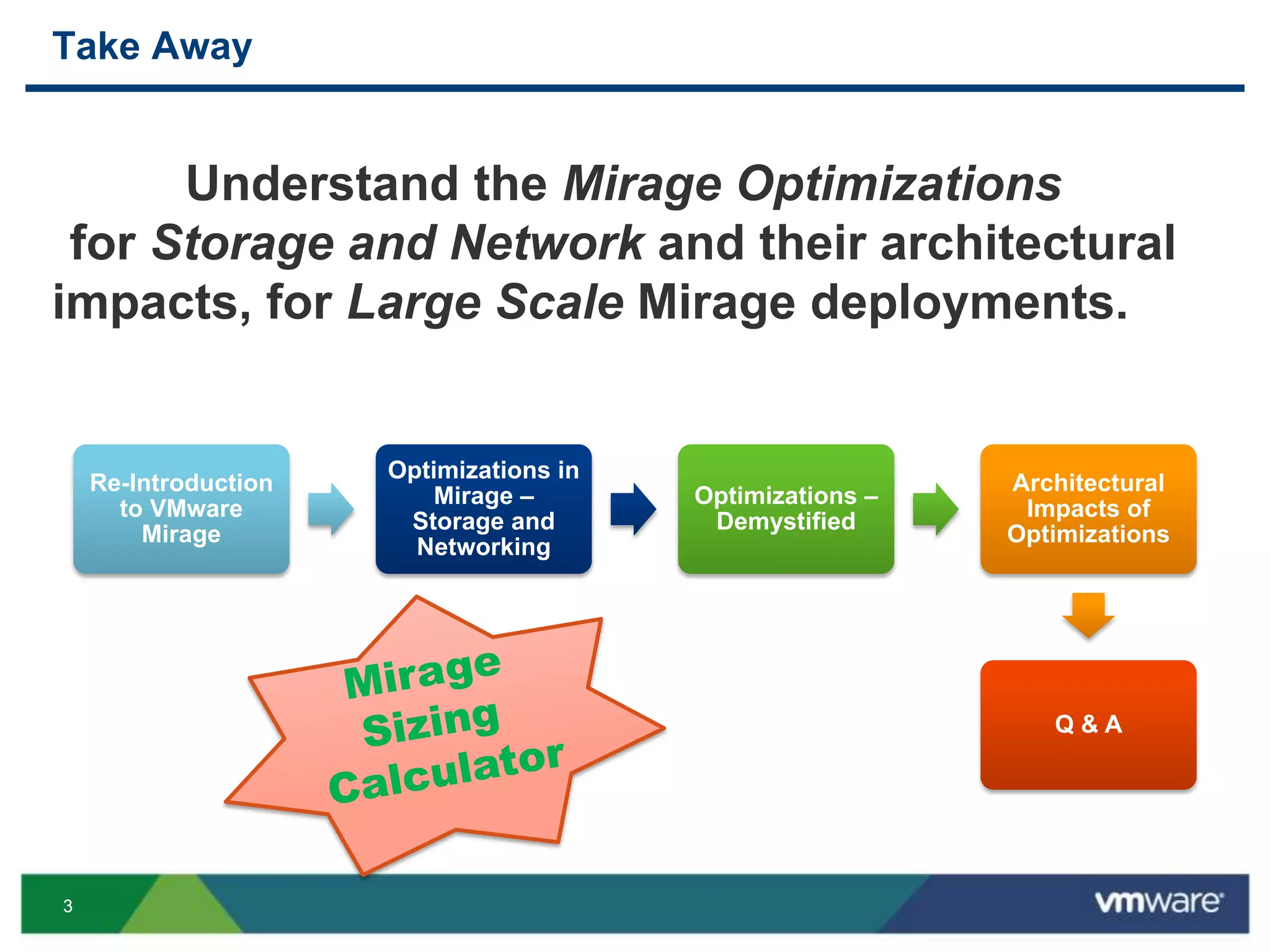 33
Re-Introduction
to VMware
Mirage
Optimizations in
Mirage –
Storage and
Networking
Optimizations –
Demystified
Architectural
Impacts of
Optimizations
Q & A
Take Away
Understand the Mirage Optimizations
for Storage and Network and their architectural
impacts, for Large Scale Mirage deployments.
 