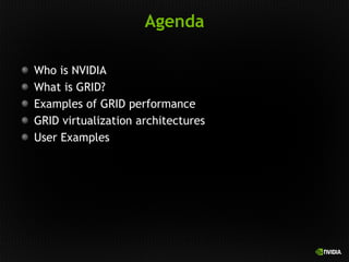 Agenda
Who is NVIDIA
What is GRID?
Examples of GRID performance
GRID virtualization architectures
User Examples
 