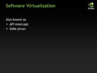 Software Virtualization
Also known as
API intercept
SHIM driver
 