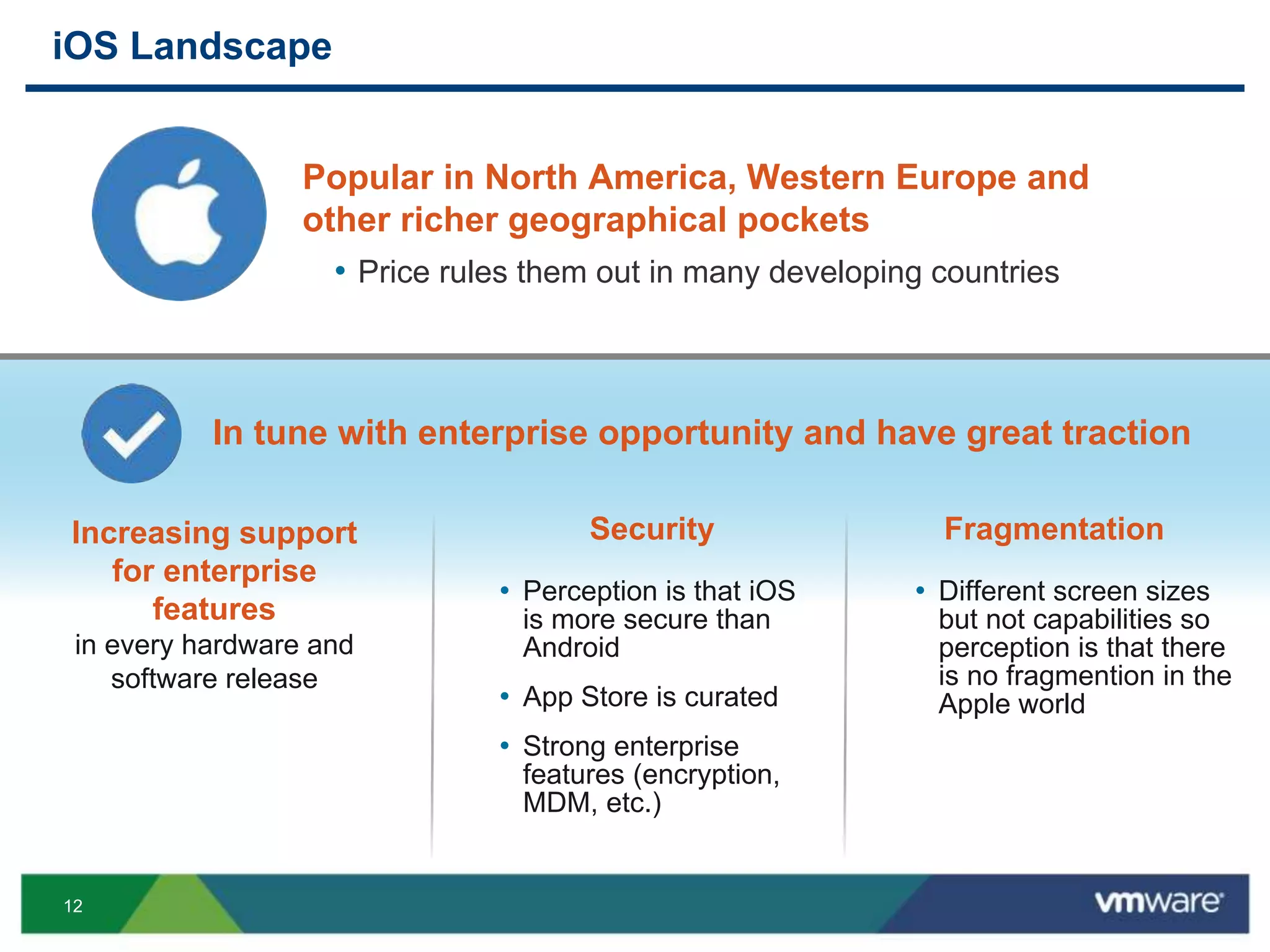 12
iOS Landscape
Increasing support
for enterprise
features
in every hardware and
software release
Security Fragmentation
• Perception is that iOS
is more secure than
Android
• App Store is curated
• Strong enterprise
features (encryption,
MDM, etc.)
• Different screen sizes
but not capabilities so
perception is that there
is no fragmention in the
Apple world
In tune with enterprise opportunity and have great traction
Popular in North America, Western Europe and
other richer geographical pockets
• Price rules them out in many developing countries
 