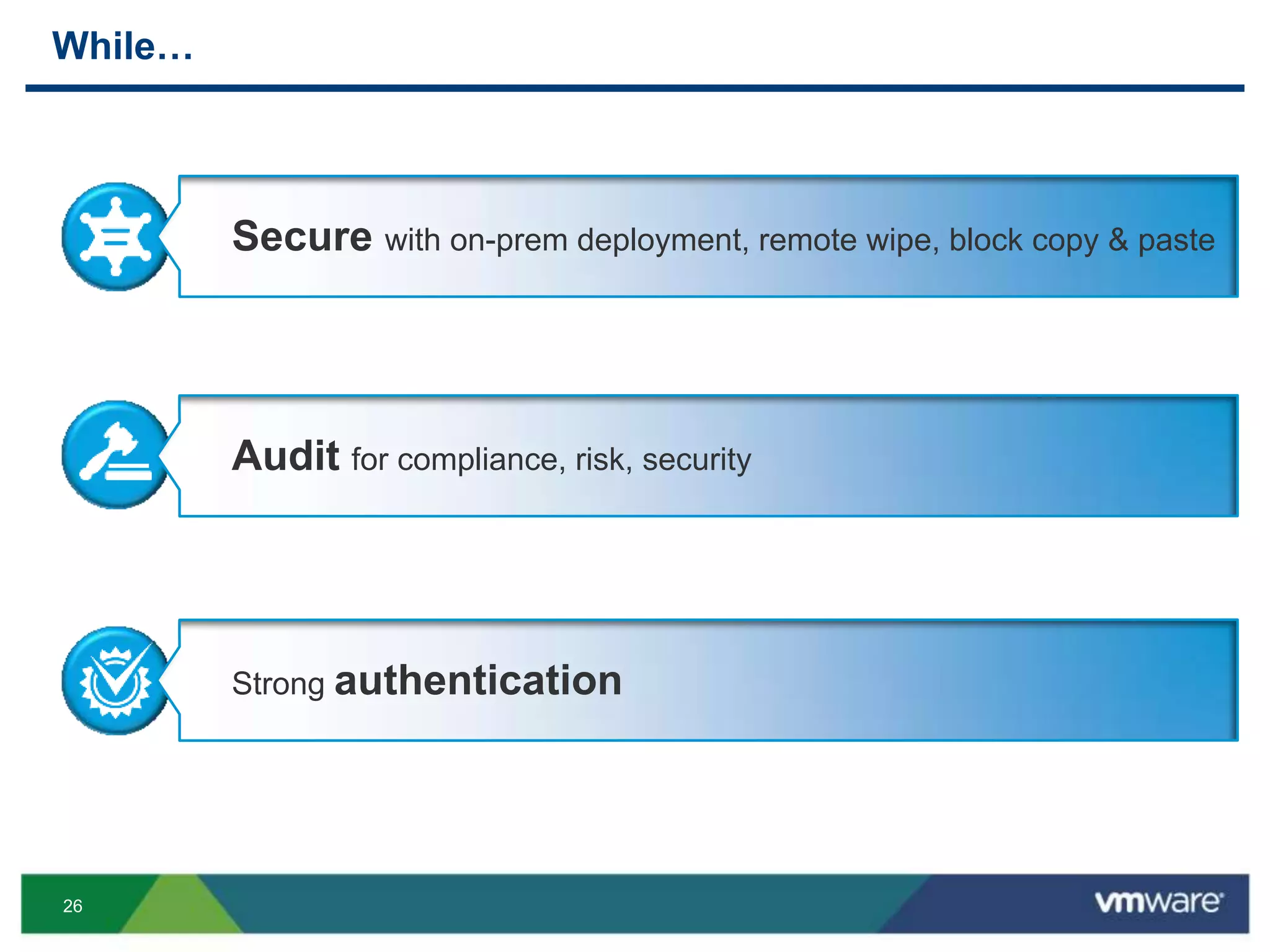 26
While…
Secure with on-prem deployment, remote wipe, block copy & paste
Audit for compliance, risk, security
Strong authentication
 