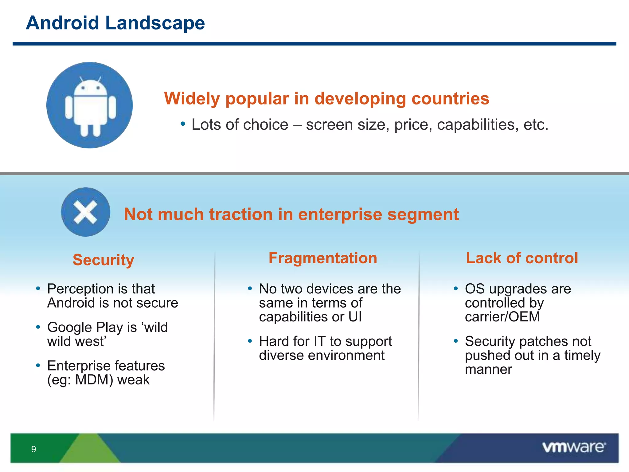 9
Android Landscape
Security
• Perception is that
Android is not secure
• Google Play is ‘wild
wild west’
• Enterprise features
(eg: MDM) weak
Fragmentation Lack of control
• No two devices are the
same in terms of
capabilities or UI
• Hard for IT to support
diverse environment
• OS upgrades are
controlled by
carrier/OEM
• Security patches not
pushed out in a timely
manner
Not much traction in enterprise segment
Widely popular in developing countries
• Lots of choice – screen size, price, capabilities, etc.
 