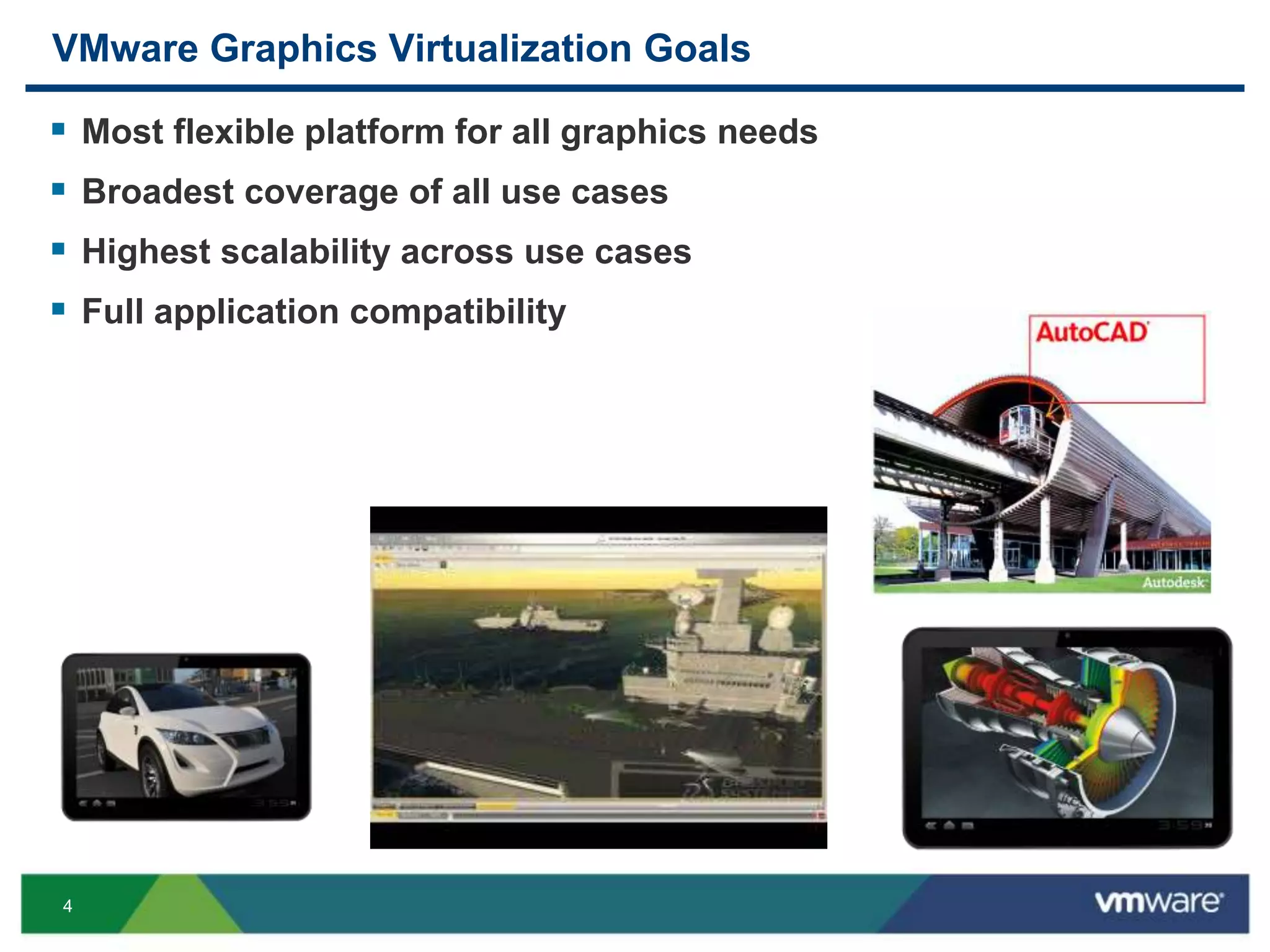 4
VMware Graphics Virtualization Goals
 Most flexible platform for all graphics needs
 Broadest coverage of all use cases
 Highest scalability across use cases
 Full application compatibility
 