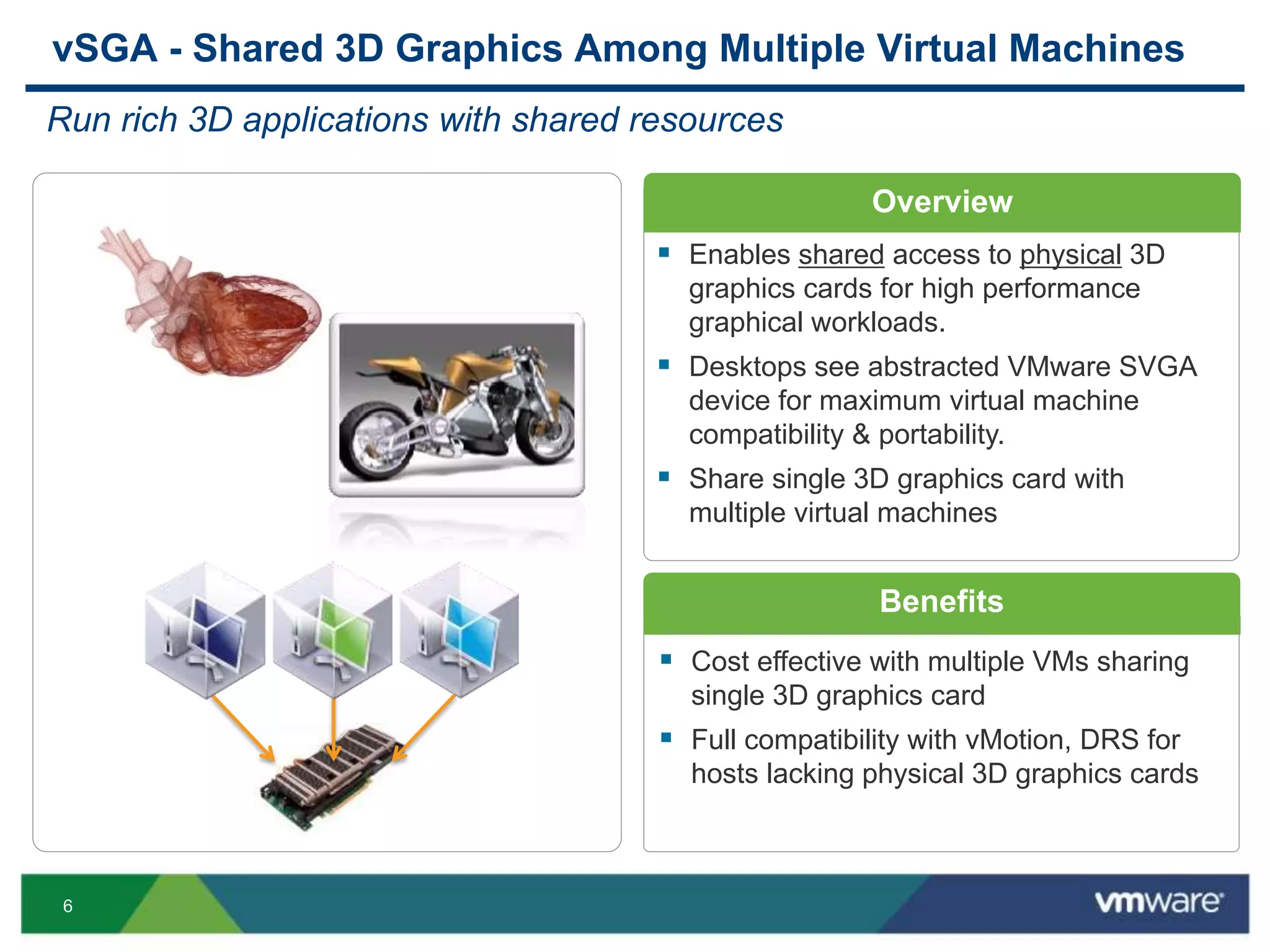 6
Overview
Benefits
 Cost effective with multiple VMs sharing
single 3D graphics card
 Full compatibility with vMotion, DRS for
hosts lacking physical 3D graphics cards
vSGA - Shared 3D Graphics Among Multiple Virtual Machines
Run rich 3D applications with shared resources
 Enables shared access to physical 3D
graphics cards for high performance
graphical workloads.
 Desktops see abstracted VMware SVGA
device for maximum virtual machine
compatibility & portability.
 Share single 3D graphics card with
multiple virtual machines
 
