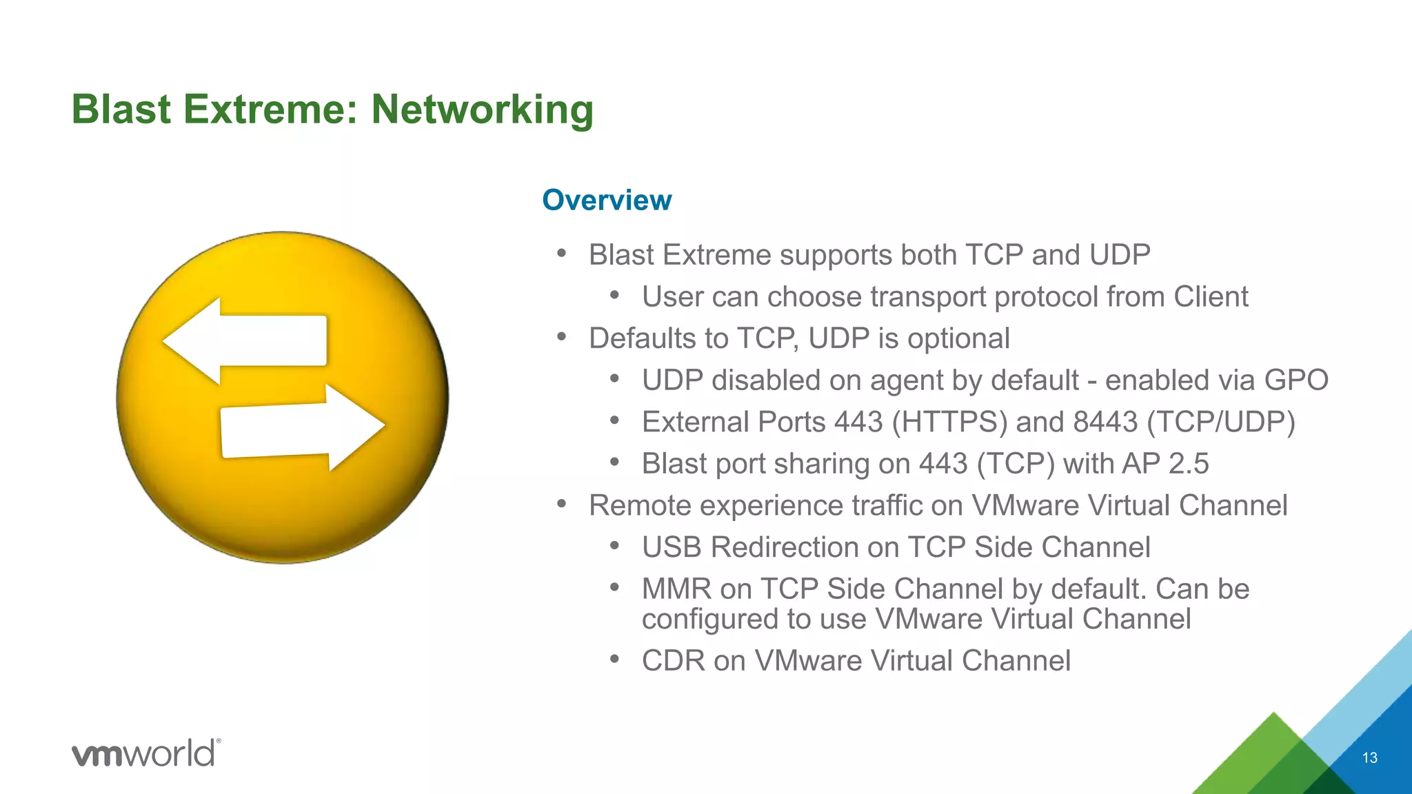 Blast Extreme: Networking
• Blast Extreme supports both TCP and UDP
• User can choose transport protocol from Client
• Defaults to TCP, UDP is optional
• UDP disabled on agent by default - enabled via GPO
• External Ports 443 (HTTPS) and 8443 (TCP/UDP)
• Blast port sharing on 443 (TCP) with AP 2.5
• Remote experience traffic on VMware Virtual Channel
• USB Redirection on TCP Side Channel
• MMR on TCP Side Channel by default. Can be
configured to use VMware Virtual Channel
• CDR on VMware Virtual Channel
Overview
13
 