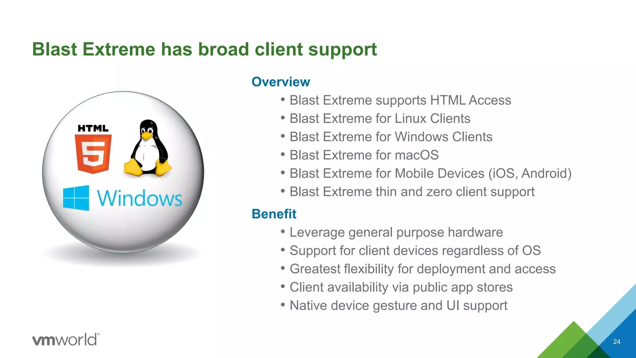 Blast Extreme has broad client support
Overview
• Blast Extreme supports HTML Access
• Blast Extreme for Linux Clients
• Blast Extreme for Windows Clients
• Blast Extreme for macOS
• Blast Extreme for Mobile Devices (iOS, Android)
• Blast Extreme thin and zero client support
Benefit
• Leverage general purpose hardware
• Support for client devices regardless of OS
• Greatest flexibility for deployment and access
• Client availability via public app stores
• Native device gesture and UI support
24
 