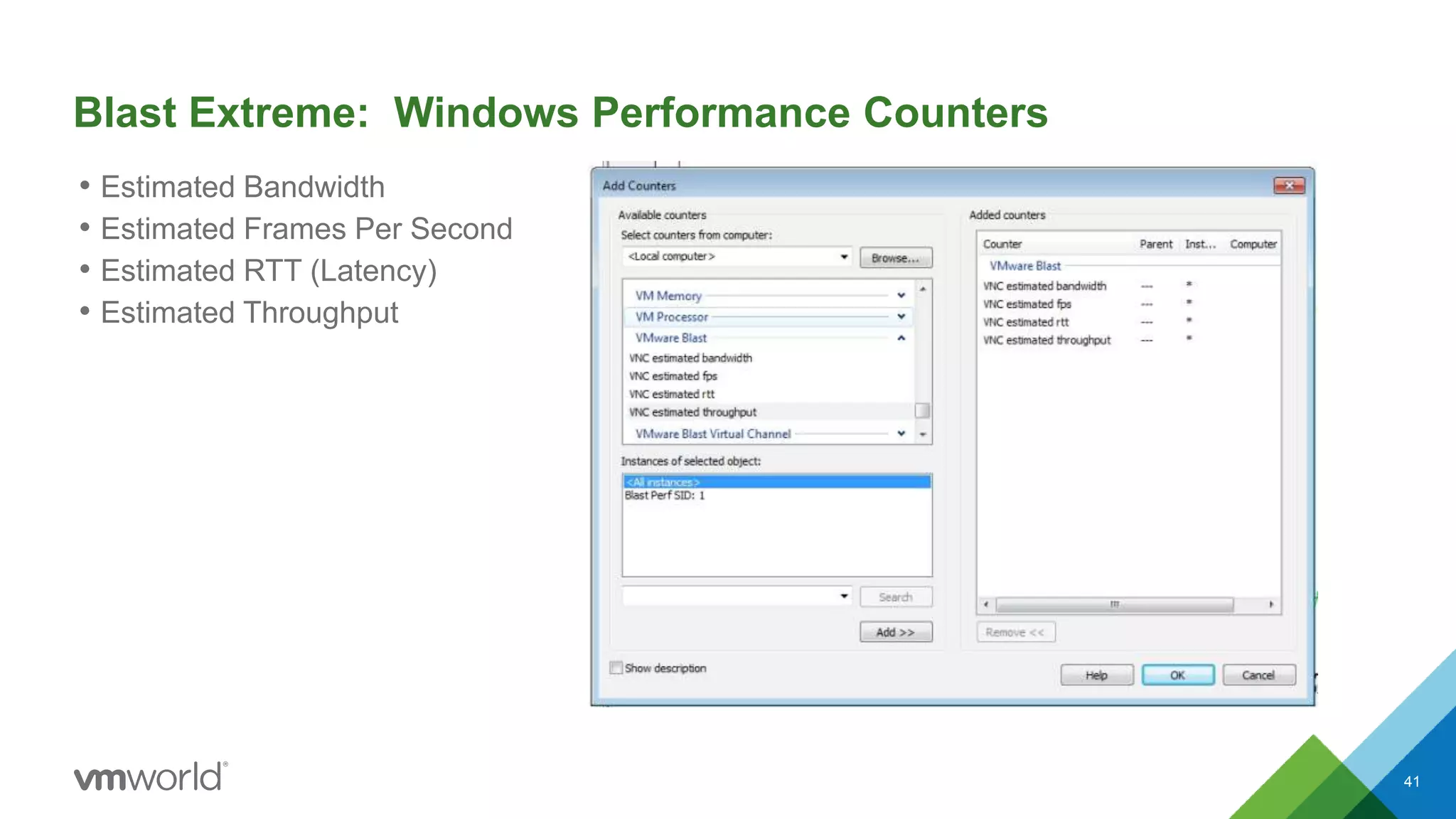 Blast Extreme: Windows Performance Counters
• Estimated Bandwidth
• Estimated Frames Per Second
• Estimated RTT (Latency)
• Estimated Throughput
41
 