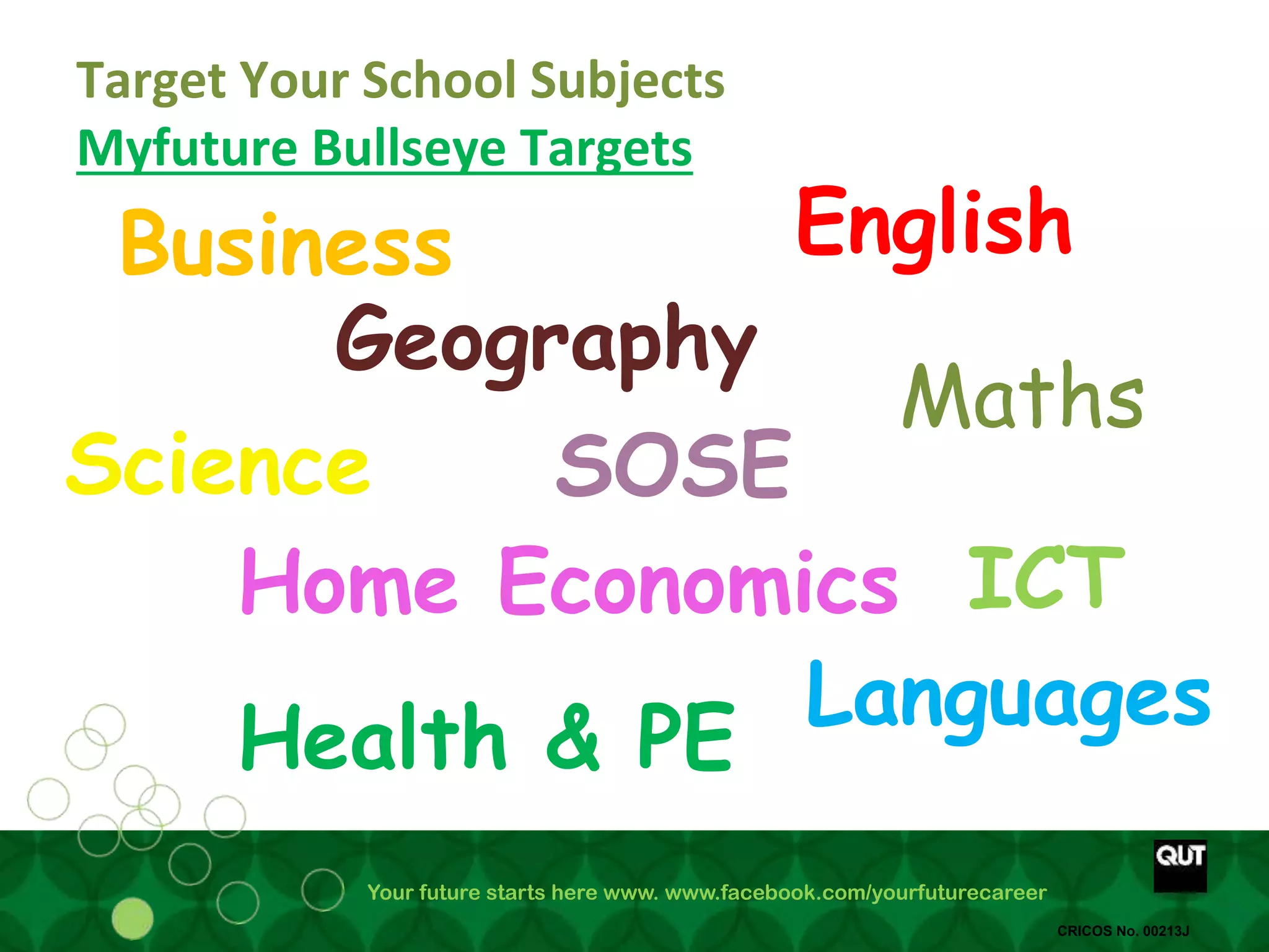 Your future starts here www. www.facebook.com/yourfuturecareer
CRICOS No. 00213J
Target Your School Subjects
Myfuture Bullseye Targets
English
Maths
SOSE
Home Economics
Languages
Business
ICT
Geography
Health & PE
Science
 