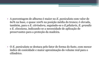 • A porcentagem de alburno é maior no E. paniculata com valor de
60% na base, e quase 100% na posição média do tronco; é elevada,
também, para o E. citriodora, seguindo-se o E.pilularis, E. grandis
e E. cloeziana, indicando-se a necessidade de aplicação de
preservantes para a proteção da madeira.
• O E. paniculata se destaca pelo fator de forma do fuste, com menor
índice de conicidade e maior aproximação do volume real para o
cilíndrico.
 