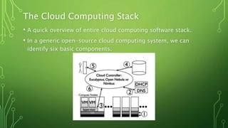 The Cloud Computing Stack
• A quick overview of entire cloud computing software stack.
• In a generic open-source cloud computing system, we can
identify six basic components.
 