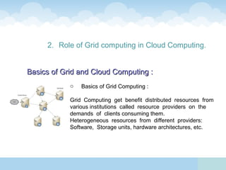 2. Role of Grid computing in Cloud Computing.


Basics of Grid and Cloud Computing :
            o   Basics of Grid Computing :

            Grid Computing get benefit distributed resources from
            various institutions called resource providers on the
            demands of clients consuming them.
            Heterogeneous resources from different providers:
            Software, Storage units, hardware architectures, etc.
 