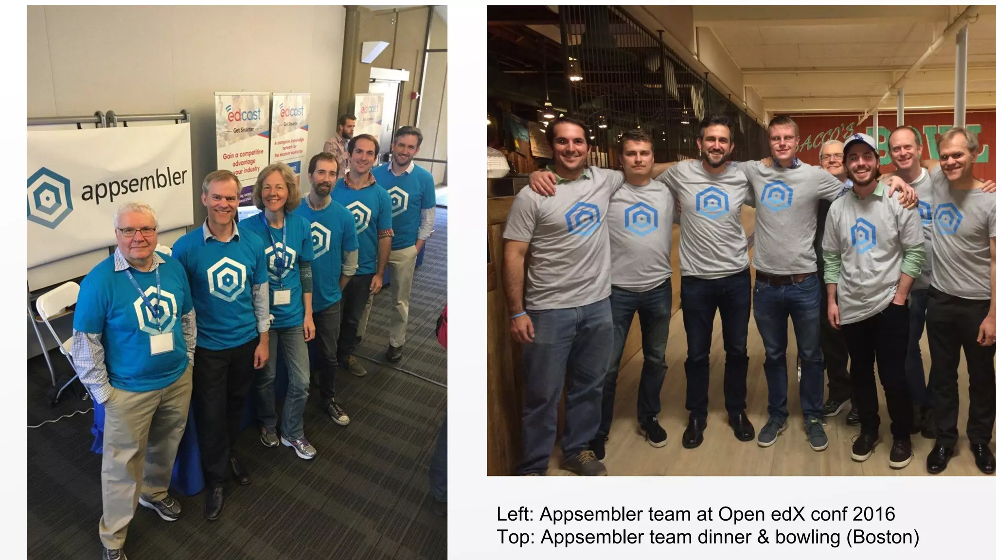 Left: Appsembler team at Open edX conf 2016
Top: Appsembler team dinner & bowling (Boston)
 