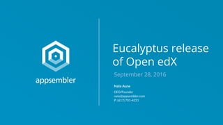 Eucalyptus release
of Open edX
September 28, 2016
Nate Aune
CEO/Founder
nate@appsembler.com
P: (617) 701-4331
 