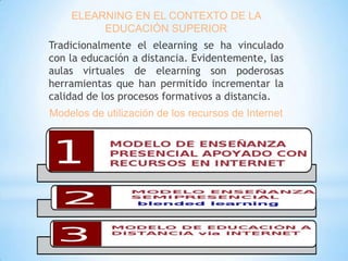 ELEARNING EN EL CONTEXTO DE LA
EDUCACIÓN SUPERIOR
Tradicionalmente el elearning se ha vinculado
con la educación a distancia. Evidentemente, las
aulas virtuales de elearning son poderosas
herramientas que han permitido incrementar la
calidad de los procesos formativos a distancia.
Modelos de utilización de los recursos de Internet

 