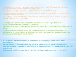 3.Slideshare: nos permite compartir presentaciones con el resto del mundo, admitiéndose
presentaciones en formato PowerPoint o OpenOffice.
Características: espacio gratuito , Admite archivos de hasta 20 Mb de peso.
Ventajas: permite dar conferencias sin necesidad de cargar la presentación, La presentación se
puede ver desde cualquier PC.
Desventajas: a nivel educativo las presentaciones en Powerpoint son un formato muy limitado, no
admite animaciones. Son estáticas.
4. Google docs: Permite crear y compartir documentos de texto, hojas de cálculo o
presentaciones directamente desde tu navegador.
Características: soporta gran cantidad de formatos, es un sencillo procesador de texto y hoja de
cálculo
Ventajas: es gratuito, solo requiere una cuenta de gmail, crea y edita documentos online.
Desventajas: su manejo podría no ser seguro si el usuario no crea una contraseña segura o no
tiene cuidado al compartir la información.

5. CmapTools: mejor herramienta de aprendizaje visual empleada para elaborar mapas
conceptuales.
Características: es multiplataforma, los mapas se pueden exportar a diferentes formatos.
Ventajas: sirve para representar conocimiento de forma sintetizada y la pueden utilizar todo tipo
de personas.
Desventajas: tarda mucho tiempo en construir los mapas conceptuales, no es muy común.

 