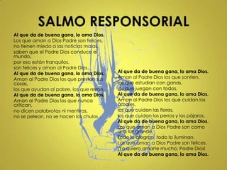SALMO RESPONSORIAL
Al que da de buena gana, lo ama Dios.
Los que aman a Dios Padre son felices,
no tienen miedo a las noticias malas,
saben que el Padre Dios conduce el
mundo,
por eso están tranquilos,
son felices y aman al Padre Dios.
Al que da de buena gana, lo ama Dios.     Al que da de buena gana, lo ama Dios.
Aman al Padre Dios los que prestan sus    Aman al Padre Dios los que sonríen,
cosas,                                    los que estudian con ganas,
los que ayudan al pobre, los que rezan.   los que juegan con todos.
Al que da de buena gana, lo ama Dios.     Al que da de buena gana, lo ama Dios.
Aman al Padre Dios los que nunca          Aman al Padre Dios los que cuidan los
critican,                                 árboles,
no dicen palabrotas ni mentiras,          los que cuidan las flores,
no se pelean, no se hacen los chulos.     los que cuidan los perros y los pájaros.
                                          Al que da de buena gana, lo ama Dios.
                                          Los que aman a Dios Padre son como
                                          una luz grande,
                                          Todo lo alegran, todo lo iluminan.
                                          Los que aman a Dios Padre son felices.
                                          ¡Yo quiero amarte mucho, Padre Dios!
                                          Al que da de buena gana, lo ama Dios.
 