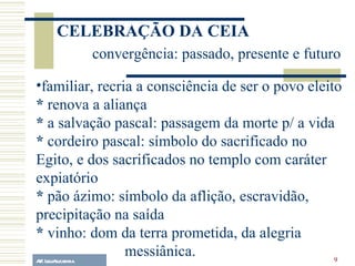 A.F. Lelo/ eucaristia familiar, recria a consciência de ser o povo eleito *  renova a aliança *  a salvação pascal: passagem da morte p/ a vida *  cordeiro pascal: símbolo do sacrificado no Egito, e dos sacrificados no templo com caráter expiatório *  pão ázimo: símbolo da aflição, escravidão, precipitação na saída  *  vinho: dom da terra prometida, da alegria  messiânica. CELEBRAÇÃO DA CEIA  convergência: passado, presente e futuro 
