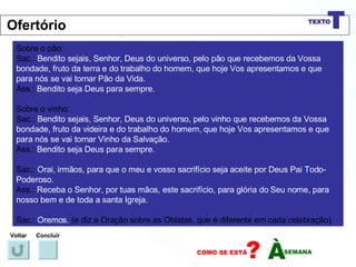 Sobre o pão: Sac.:  Bendito sejais, Senhor, Deus do universo, pelo pão que recebemos da Vossa bondade, fruto da terra e do trabalho do homem, que hoje Vos apresentamos e que para nós se vai tornar Pão da Vida. Ass.:  Bendito seja Deus para sempre. Sobre o vinho: Sac.:  Bendito sejais, Senhor, Deus do universo, pelo vinho que recebemos da Vossa bondade, fruto da videira e do trabalho do homem, que hoje Vos apresentamos e que para nós se vai tornar Vinho da Salvação. Ass.:  Bendito seja Deus para sempre. Sac.:  Orai, irmãos, para que o meu e vosso sacrifício seja aceite por Deus Pai Todo-Poderoso. Ass.:  Receba o Senhor, por tuas mãos, este sacrifício, para glória do Seu nome, para nosso bem e de toda a santa Igreja. Sac.:  Oremos.  (e diz a Oração sobre as Oblatas, que é diferente em cada celebração) Voltar Concluir Ofertório 
