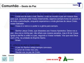 Antes deste gesto, o sacerdote faz as seguintes orações que o introduzem: Sac.:  Livrai-nos de todo o mal, Senhor, e dai ao mundo a paz em nossos dias, para que, ajudados pela Vossa misericórdia, sejamos sempre livres do pecado e de toda a perturbação, enquanto esperamos a vinda gloriosa de Jesus Cristo, nosso Salvador. Ass.:  Vosso é o reino e o poder e a glória para sempre. Sac.:  Senhor Jesus Cristo, que dissestes aos Vossos Apóstolos: Deixo-vos a paz, dou-vos a minha paz: não olheis aos nossos pecados, mas à fé da Vossa Igreja e dai-lhe a união e a paz, segundo a Vossa vontade. Vós que sois Deus com o Pai, na unidade do Espírito Santo. Ass.:  Ámen. E, voltando-se para a Assembleia: Sac.:  A paz do Senhor esteja sempre convosco. Ass.:  O amor de Cristo nos uniu. Sac.:  Saudai-vos na paz de Cristo. Voltar Concluir Comunhão  – Gesto da Paz 