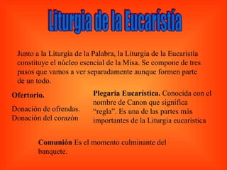 Junto a la Liturgia de la Palabra, la Liturgia de la Eucaristía
 constituye el núcleo esencial de la Misa. Se compone de tres
 pasos que vamos a ver separadamente aunque formen parte
 de un todo.
Ofertorio.                 Plegaria Eucarística. Conocida con el
                           nombre de Canon que significa
Donación de ofrendas.      “regla”. Es una de las partes más
Donación del corazón       importantes de la Liturgia eucarística

        Comunión Es el momento culminante del
        banquete.
 