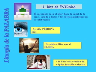 Liturgia de la PALABRA 1. Rito de ENTRADA El sacerdote besa el altar, hace la señal de la cruz , saluda a todos y los invi...