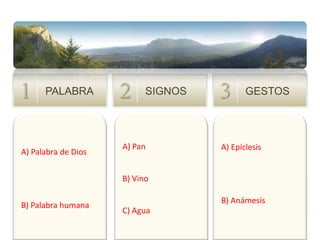 PALABRA1SIGNOS2GESTOS3A) Palabra de DiosB) Palabra humanaA) PanB) VinoC) AguaA) EpíclesisB) Anámesis