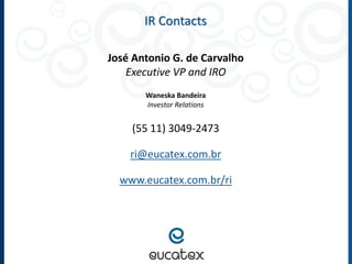 IR Contacts
José Antonio G. de Carvalho
Executive VP and IRO
Waneska Bandeira
Investor Relations

(55 11) 3049-2473
ri@eucatex.com.br
www.eucatex.com.br/ri

 